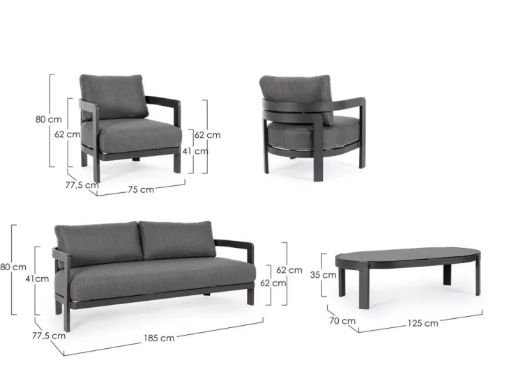 Salotti Completi>Bizzotto SET4 SALOTTO IN CORDA PER ESTERNO ANTRACITE WG21 - PRESLEY